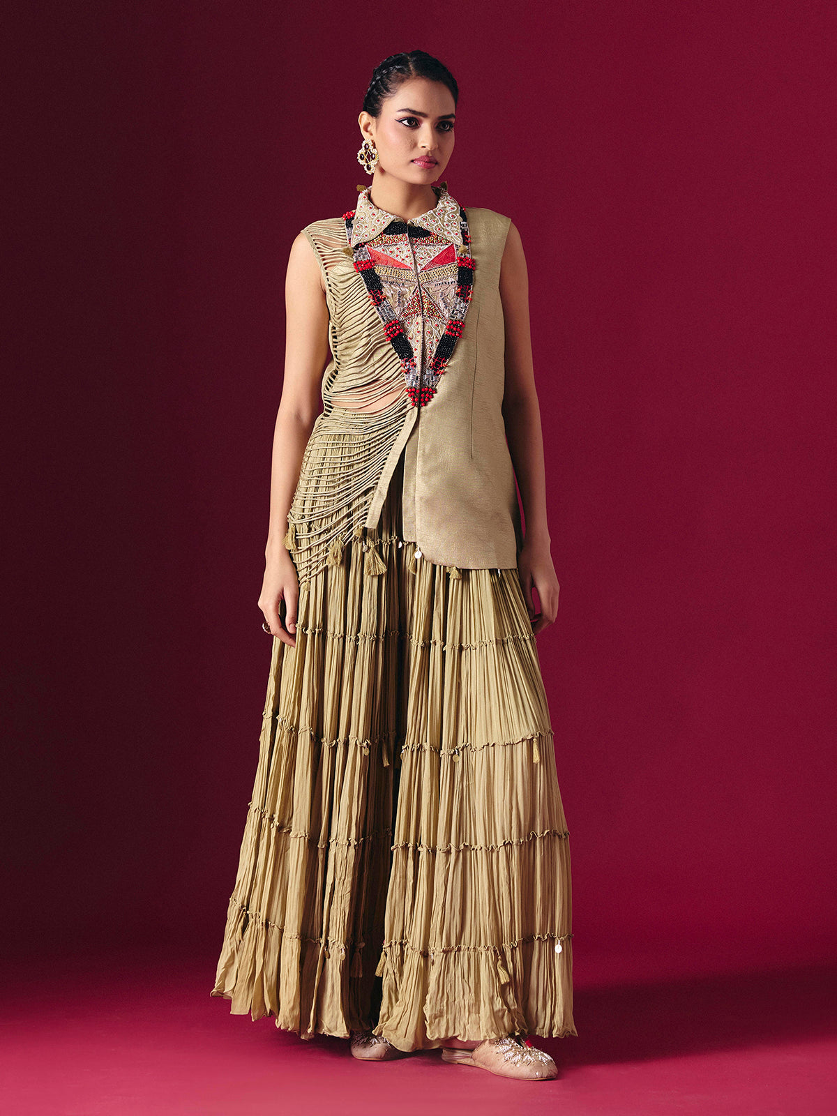 Beige raw silk designer indo western palazzo suit