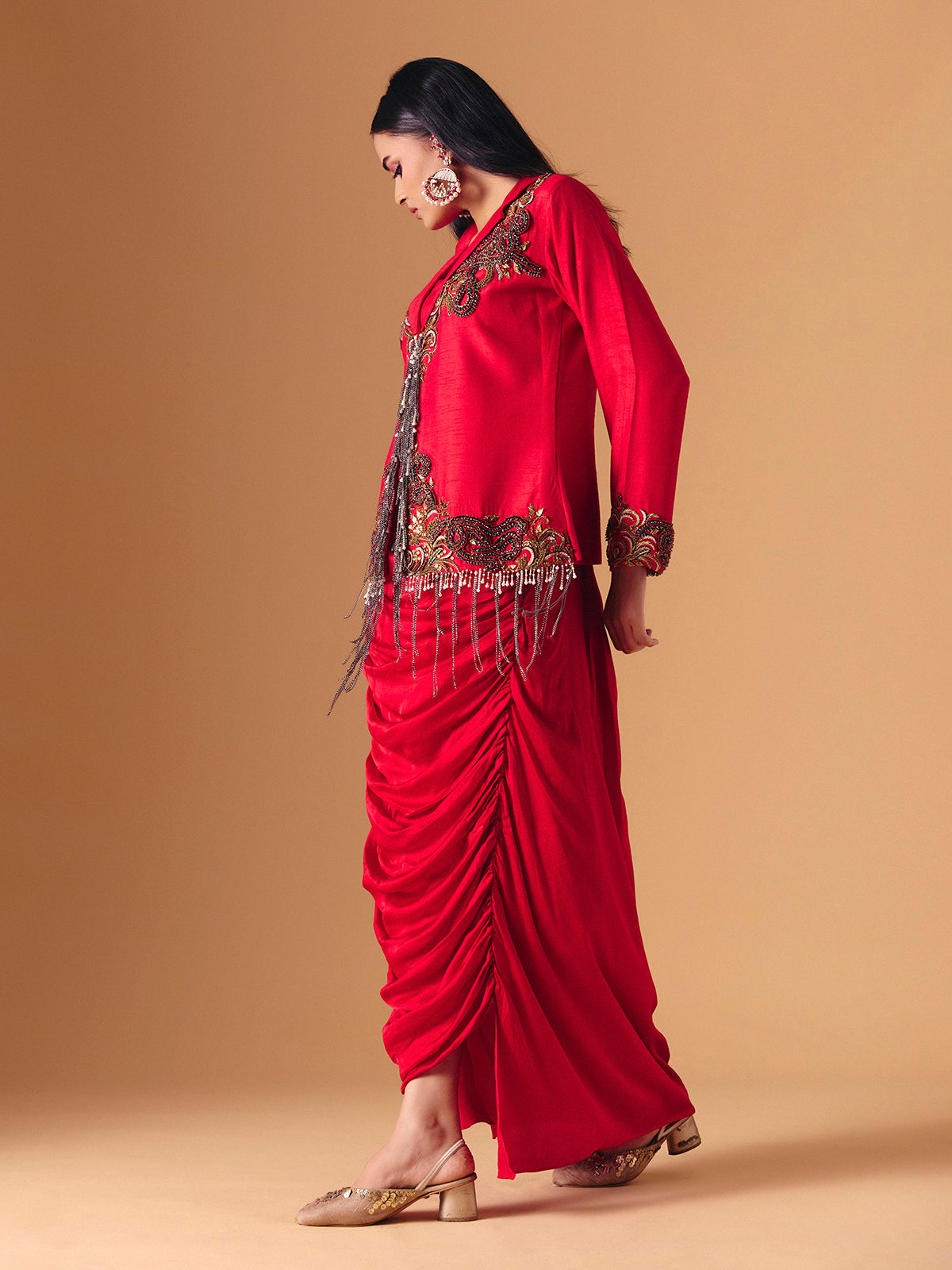 Red silk indo western wedding wear salwar suit for women