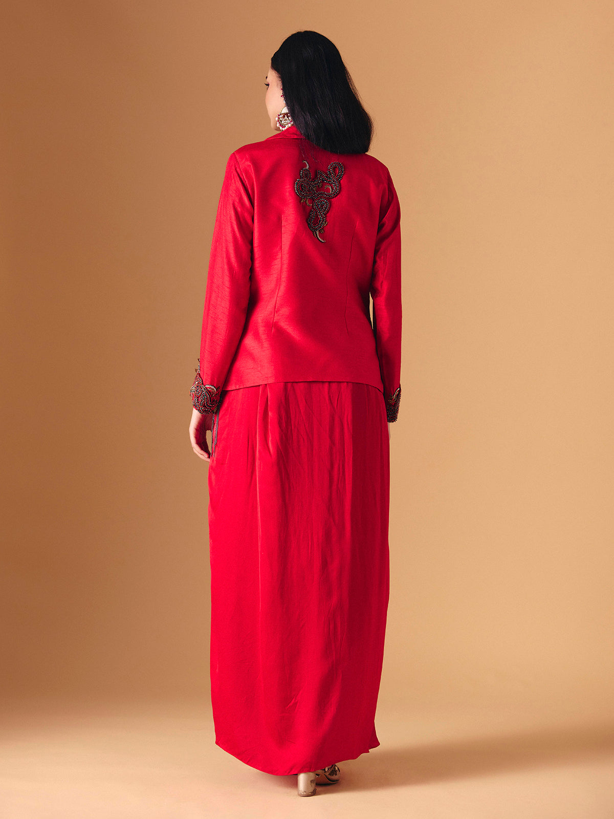 Red silk indo western wedding wear salwar suit for women