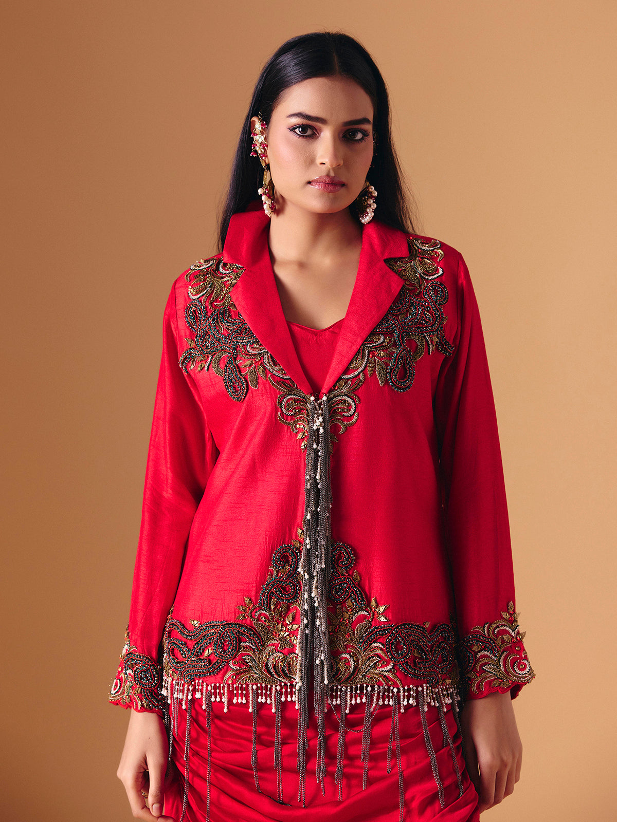 Red silk indo western wedding wear salwar suit for women