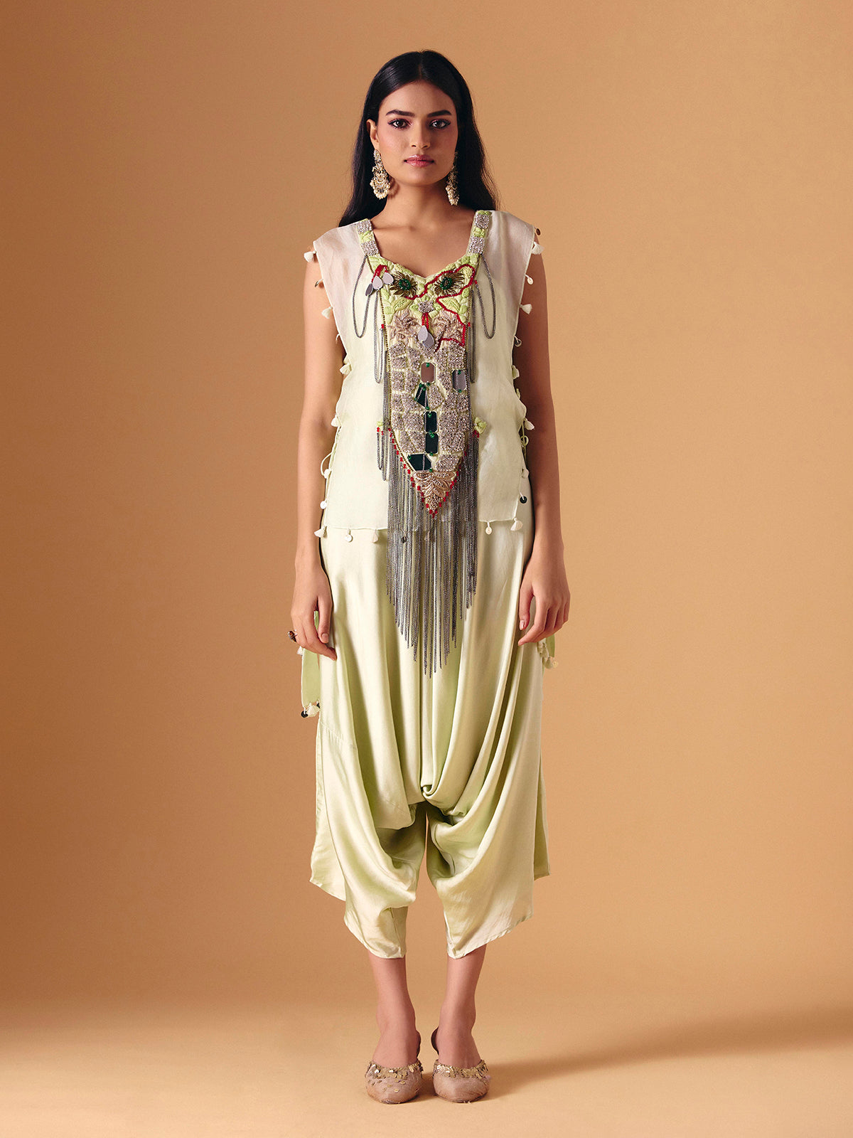Pista green tissue silk indo western dhoti suit