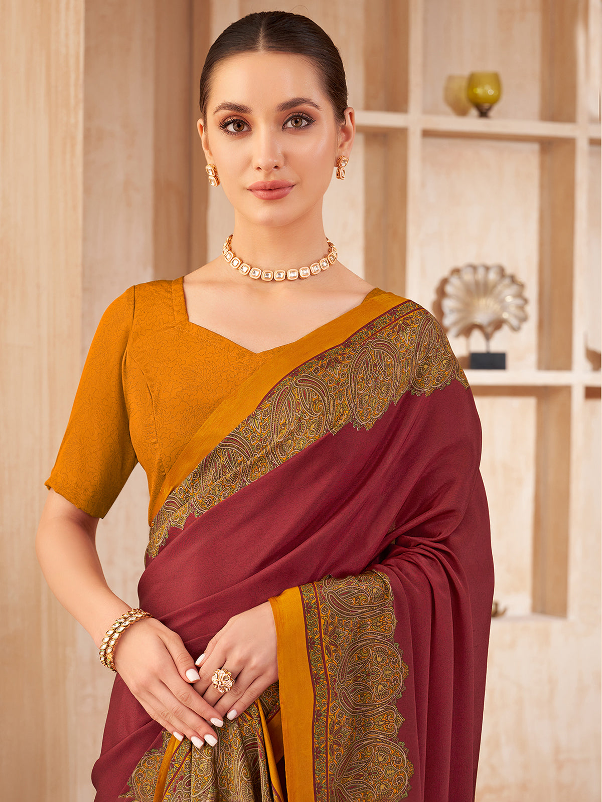Maroon printed contrast border crepe silk casual saree
