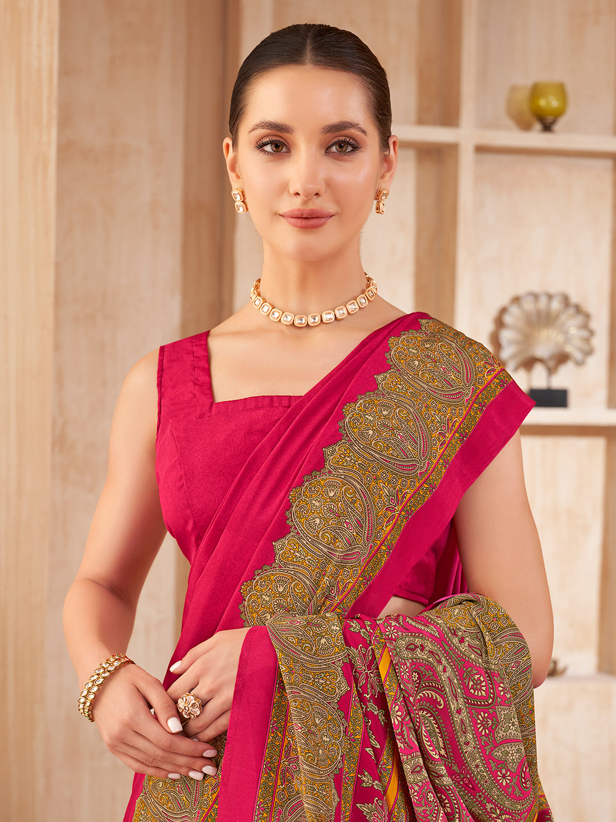 Magenta printed crepe silk elegant casual wear saree