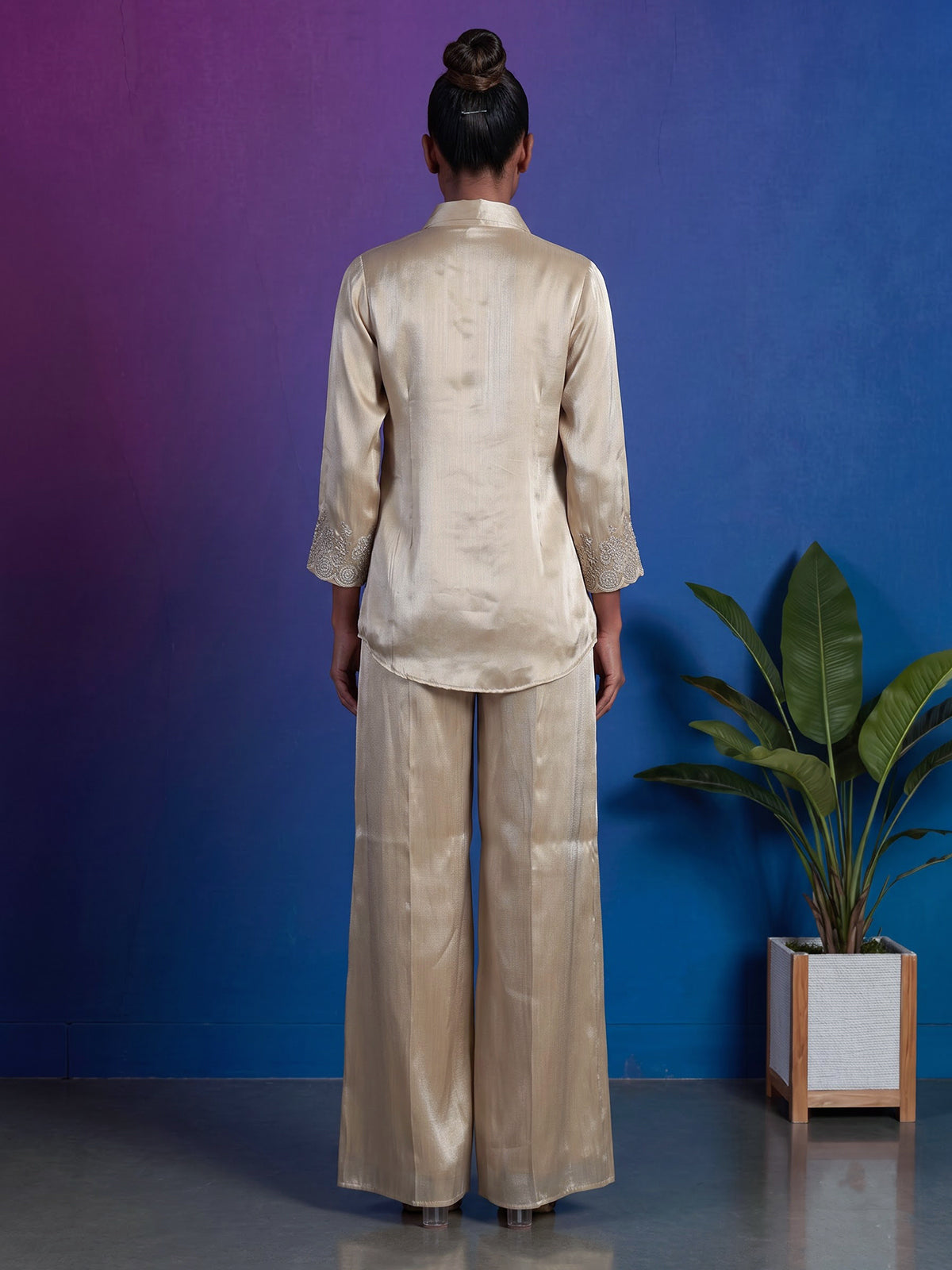 Beige luxury embroidered silk co-ord set