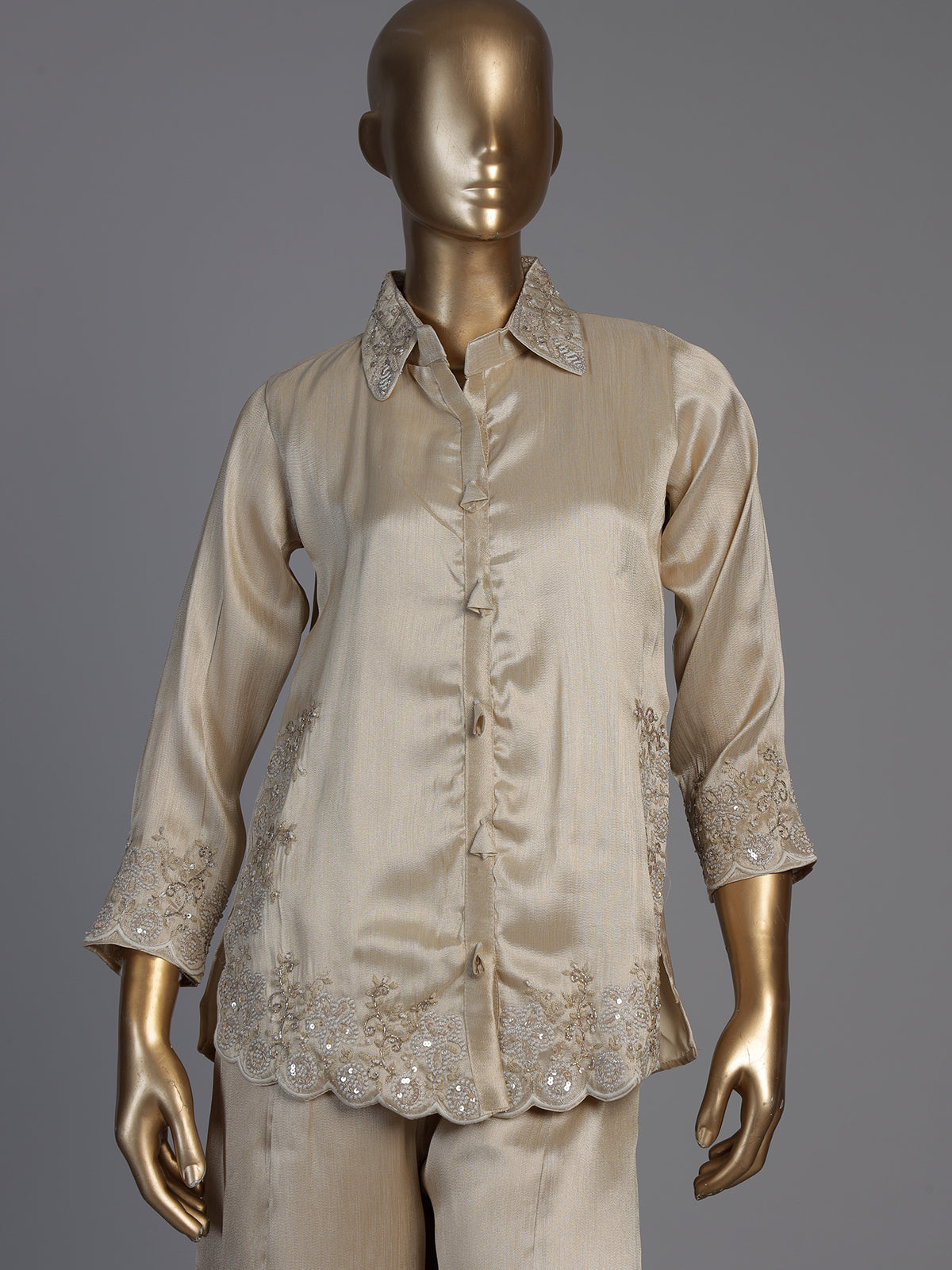 Beige luxury embroidered silk co-ord set