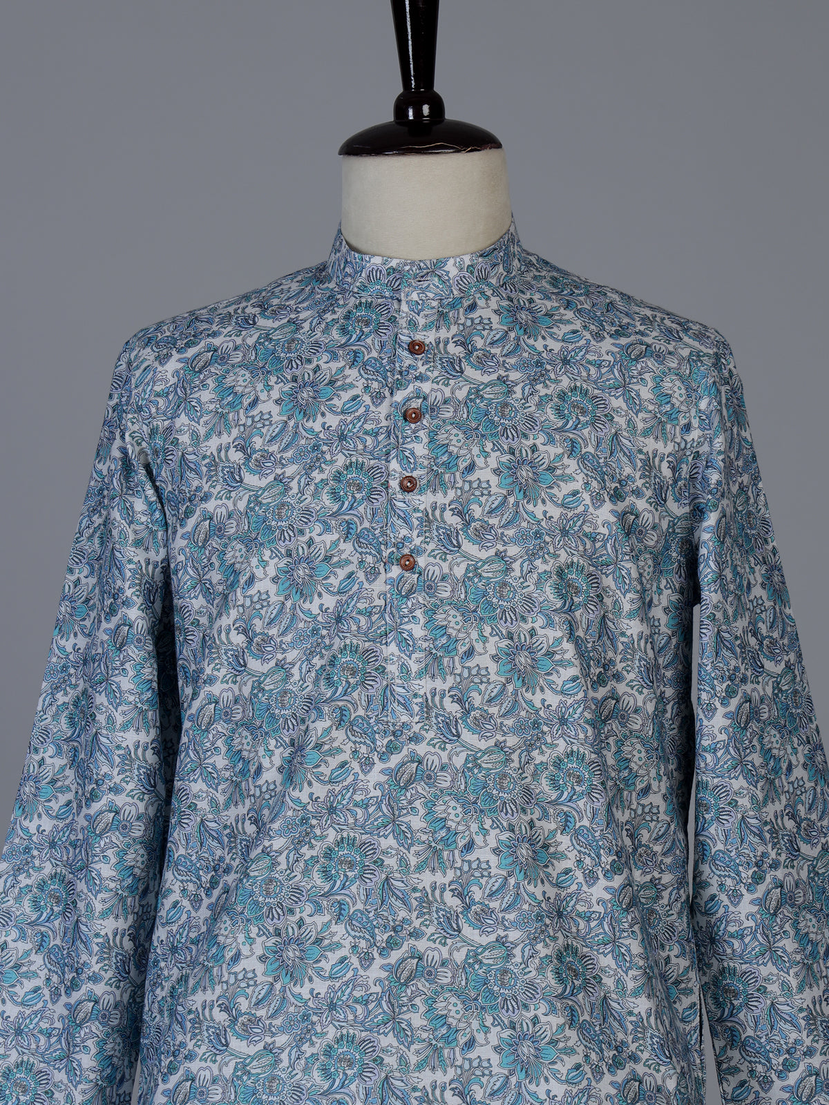 Blue floral linen silk festive kurta suit for men with pants