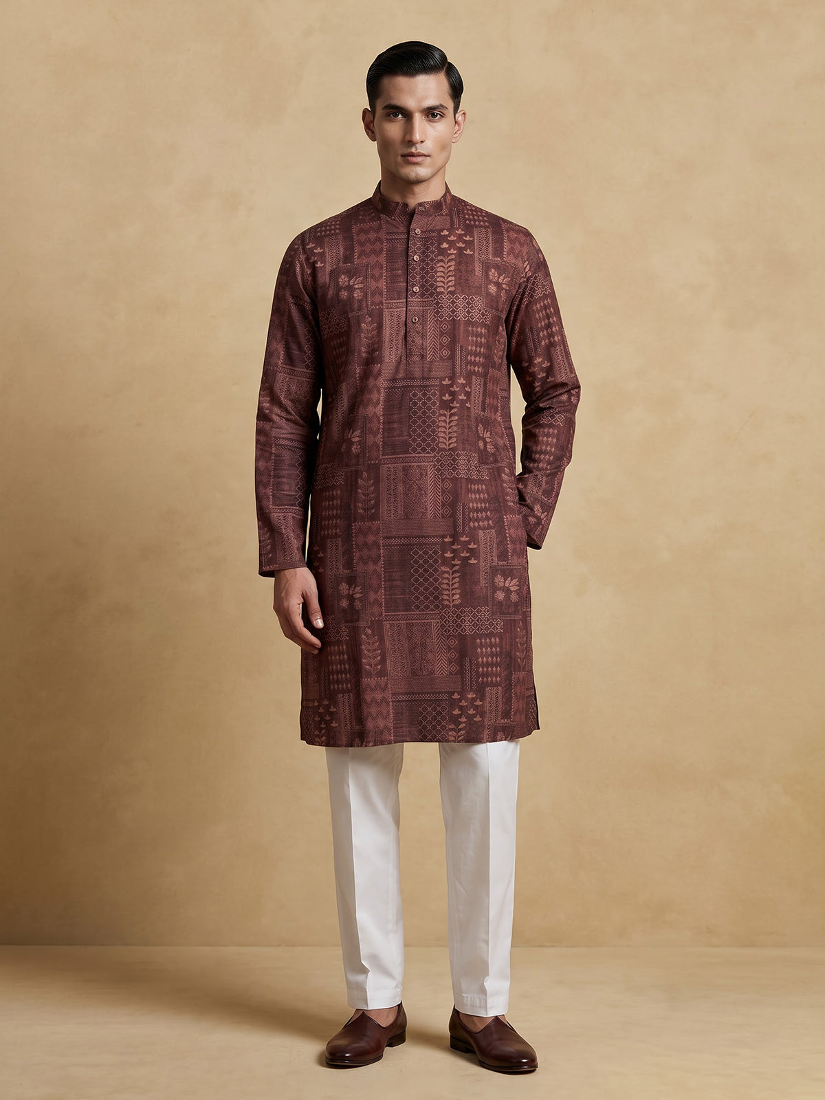 Wine printed cotton silk festive kurta suit for men with elegant styling