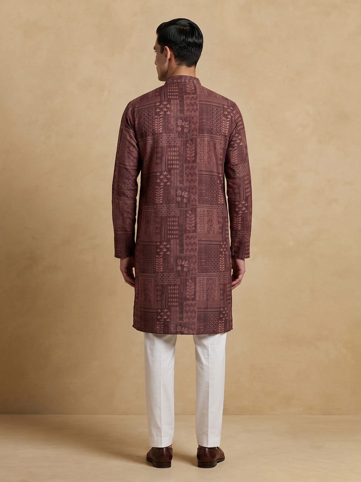 Wine printed cotton silk festive kurta suit for men with elegant styling