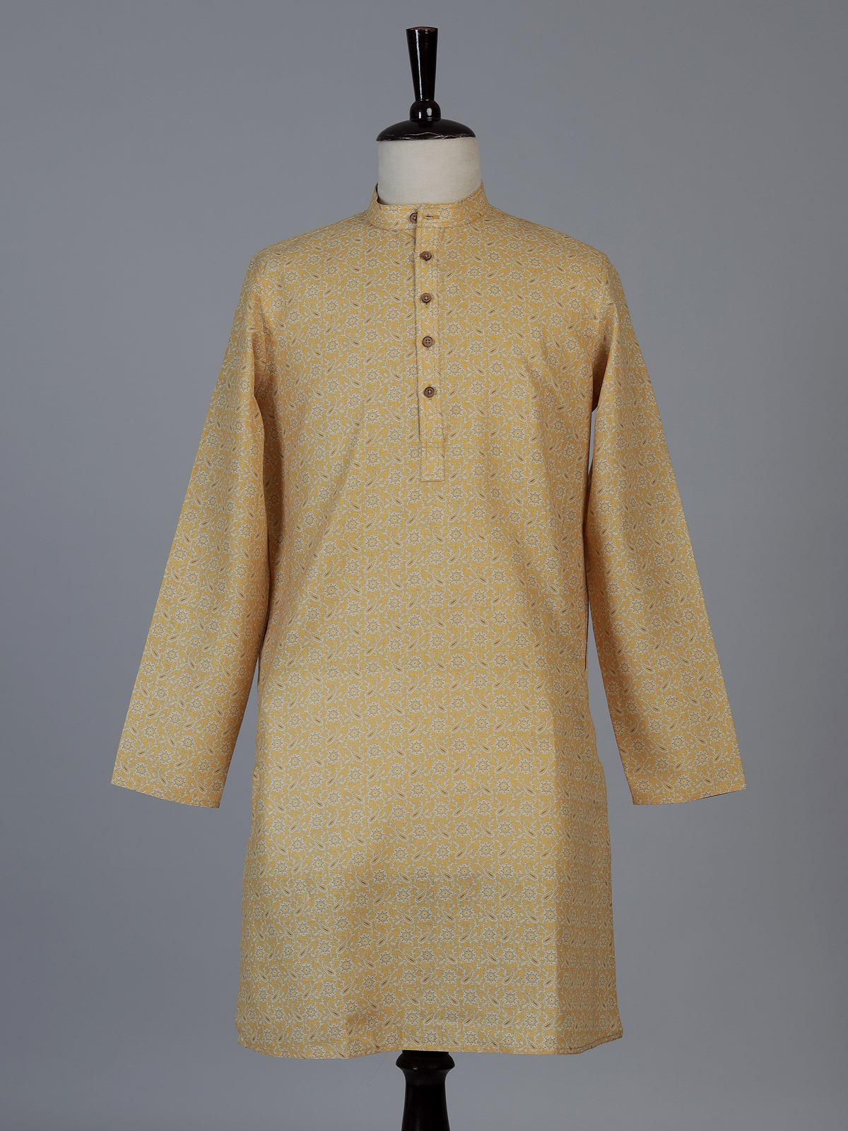 Mustard yellow floral linen silk festive kurta suit for men