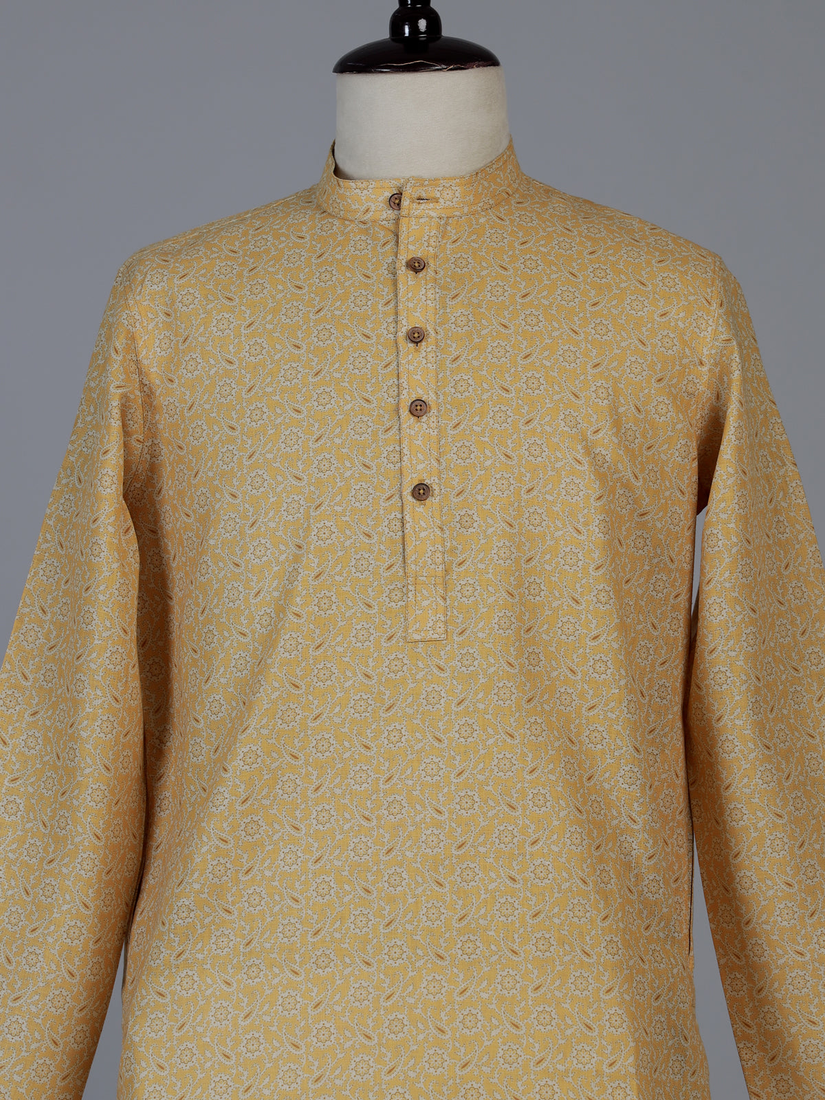 Mustard yellow floral linen silk festive kurta suit for men