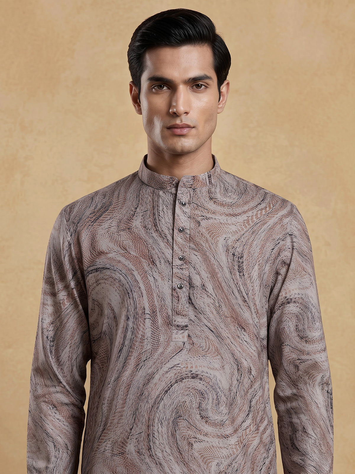 Brown printed cotton silk festive mandarin kurta suit for men