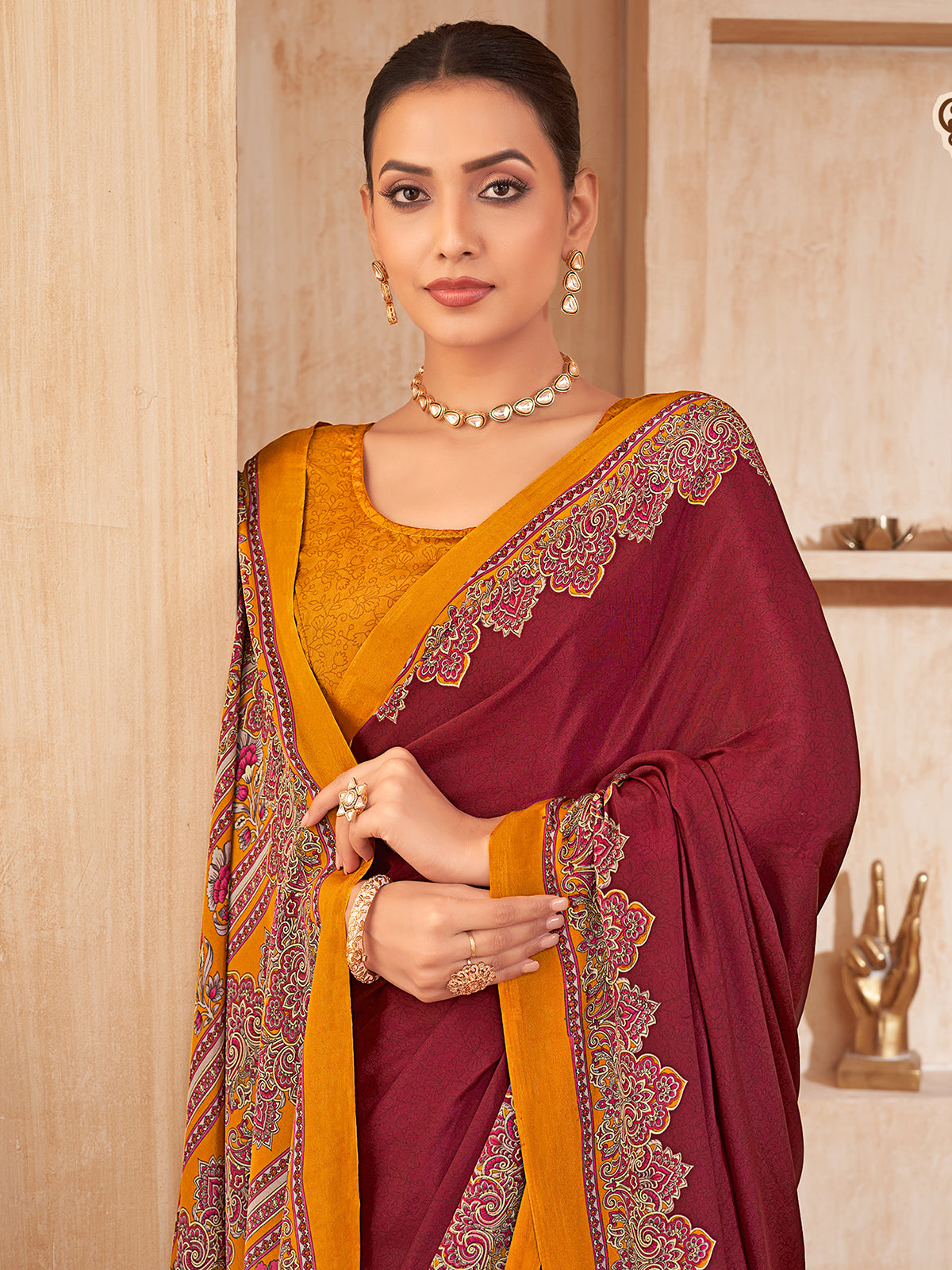 Maroon printed contrast border crepe silk stylish saree