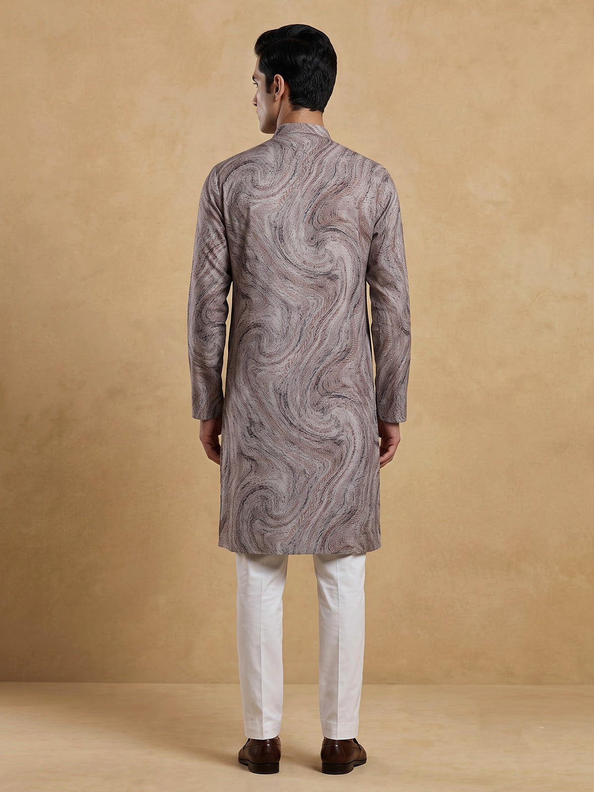 Brown printed cotton silk festive mandarin kurta suit for men