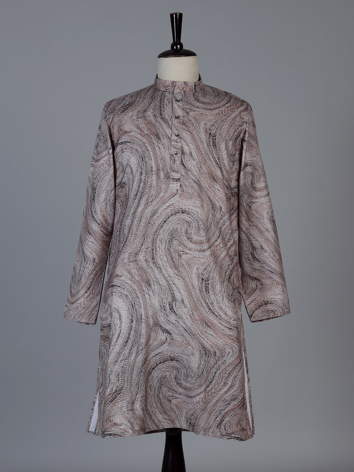 Brown printed cotton silk festive mandarin kurta suit for men