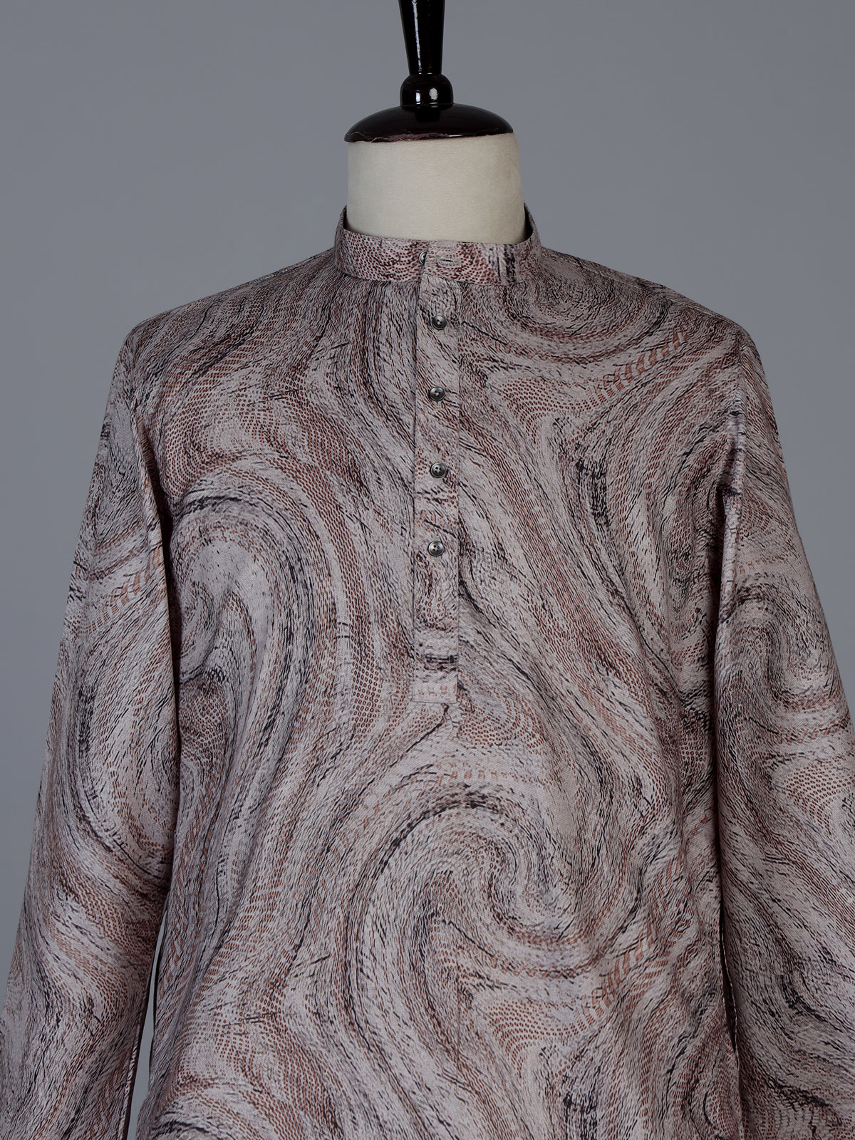Brown printed cotton silk festive mandarin kurta suit for men