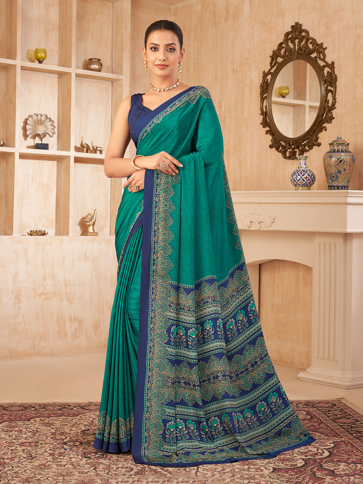 Peacock green printed contrast border crepe silk saree