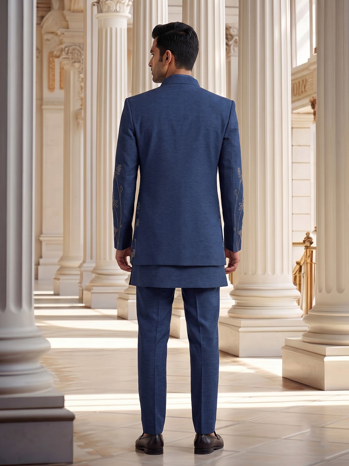 Navy blue royal mens embroidered indo western suit