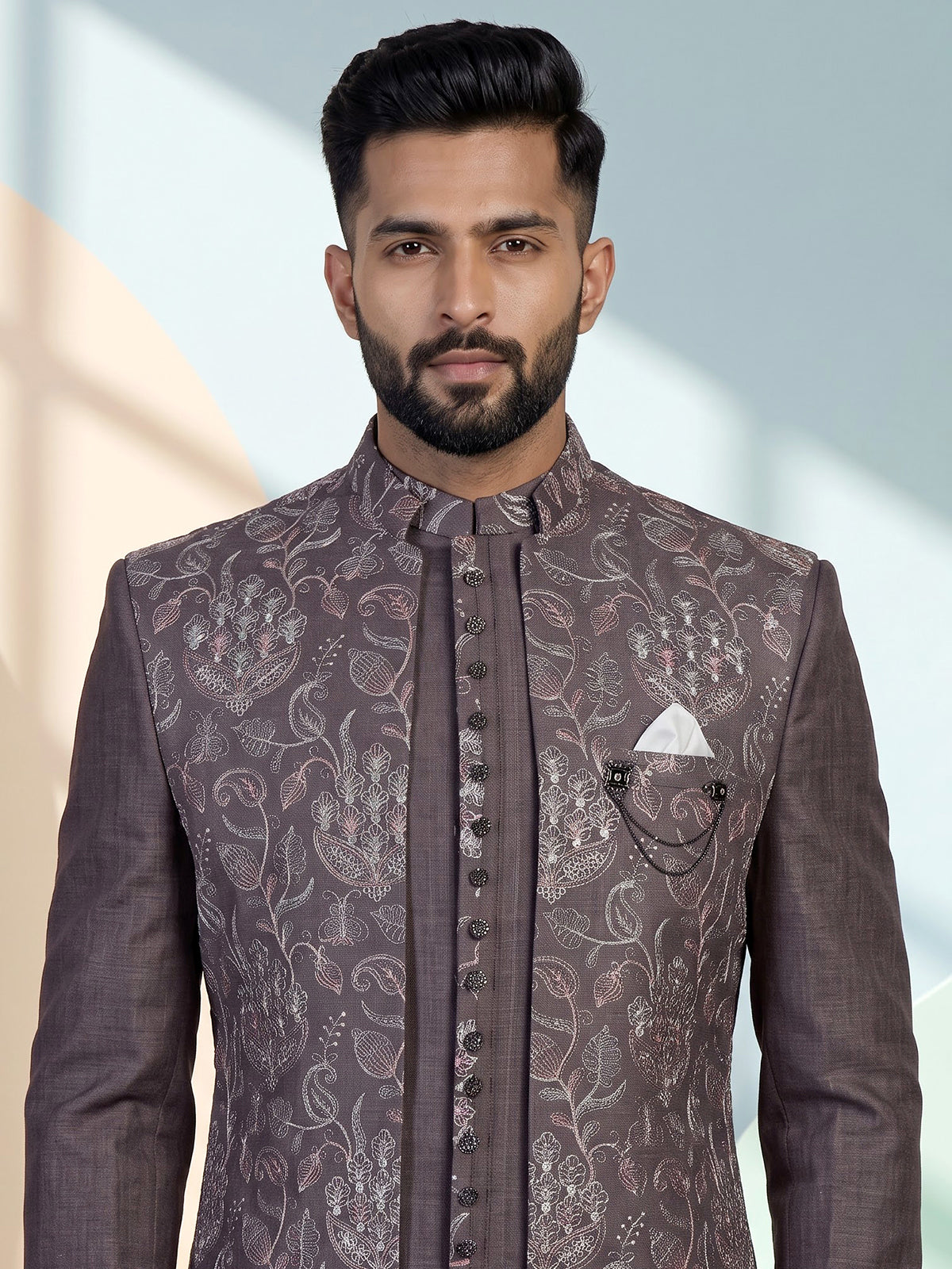 Wine majestic mens brocade silk indo western