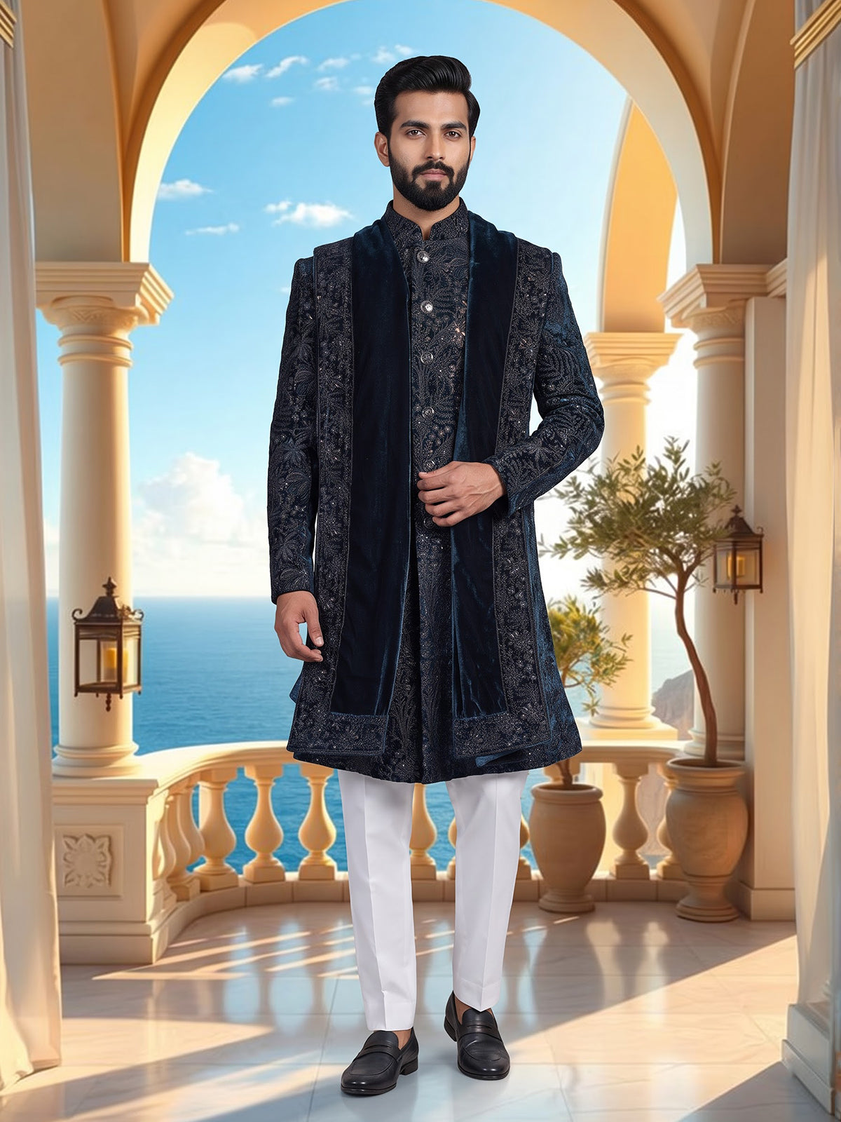 Rama blue luxury men velvet indo western