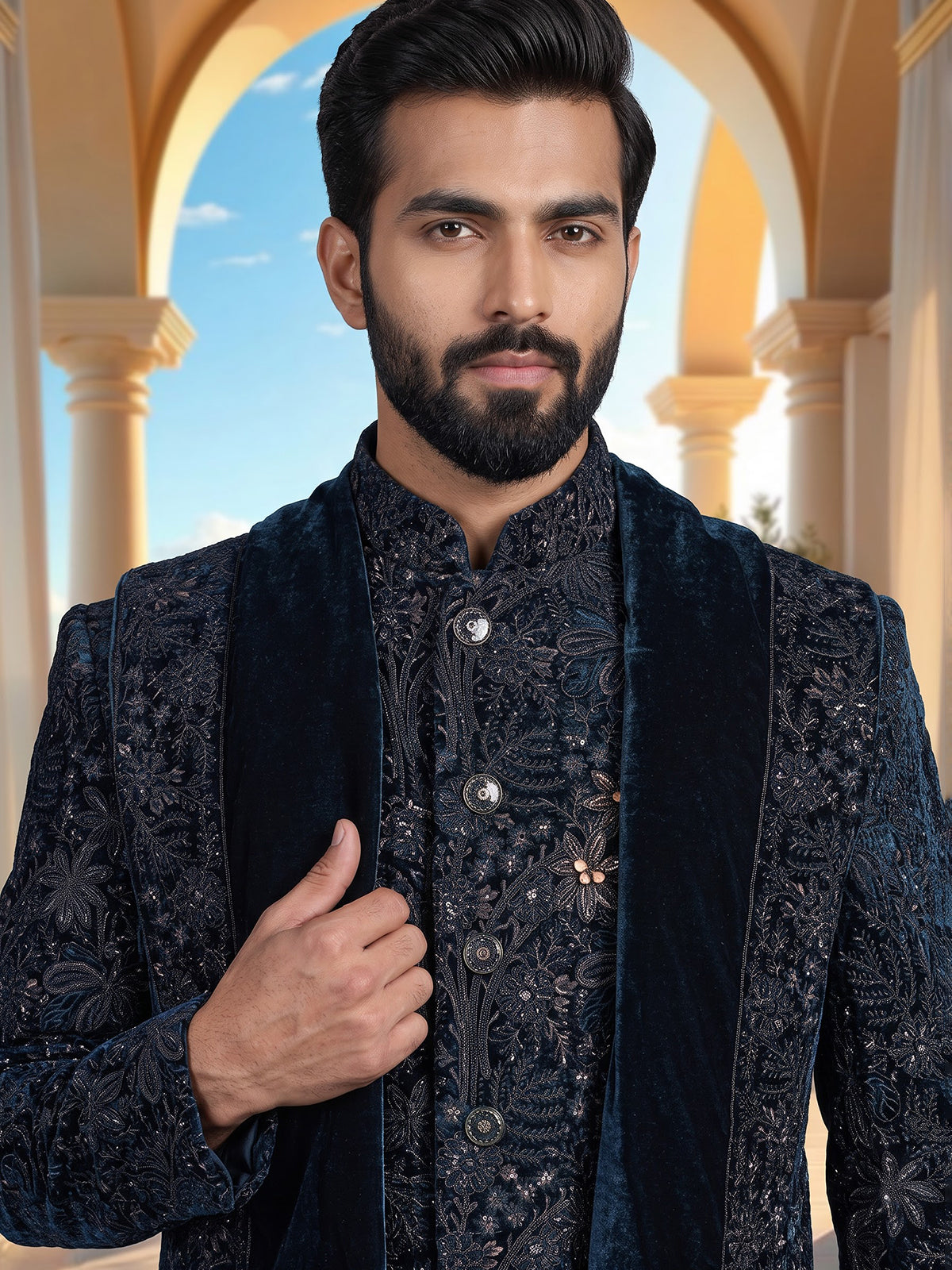 Rama blue luxury men velvet indo western