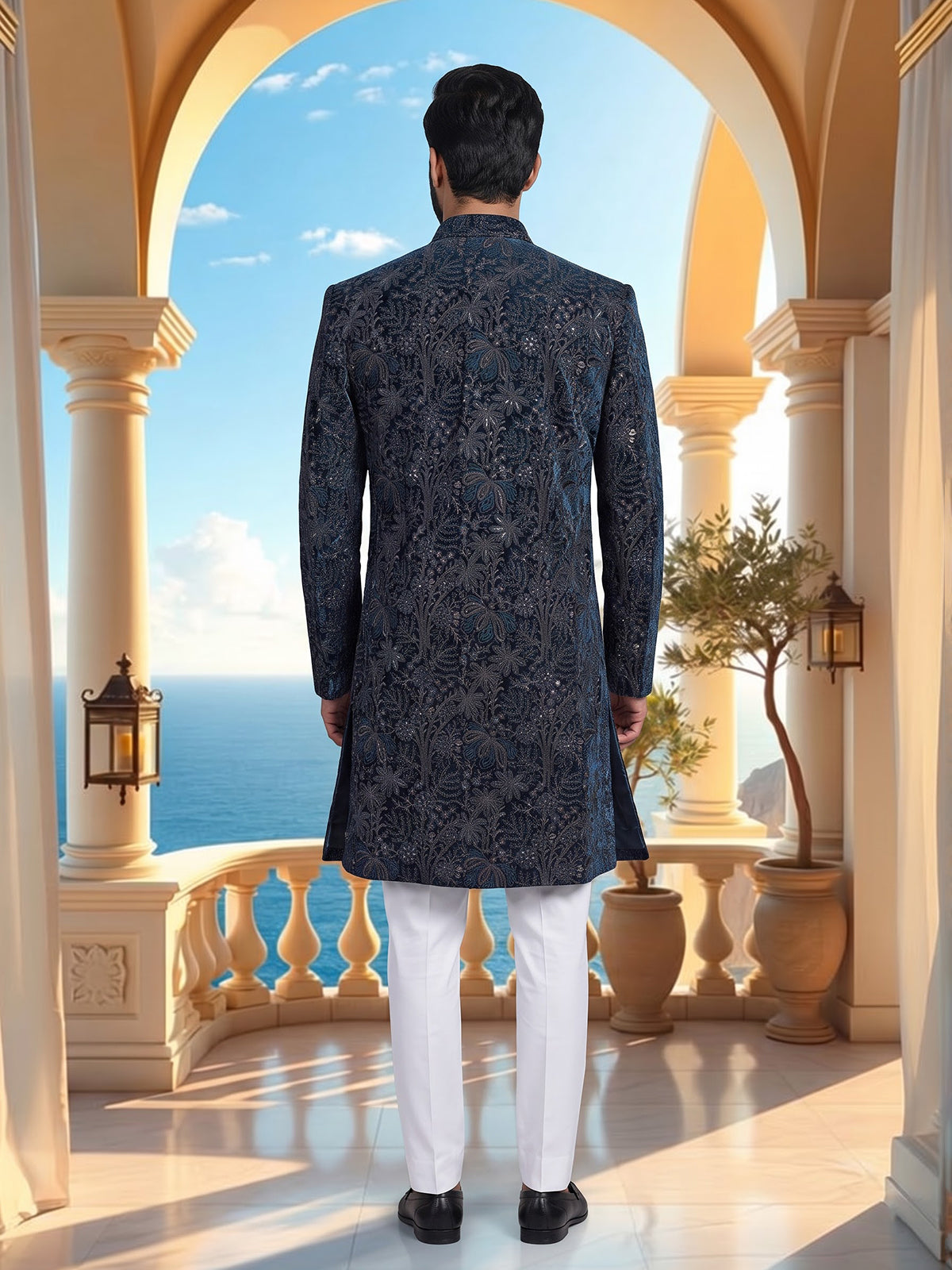 Rama blue luxury men velvet indo western