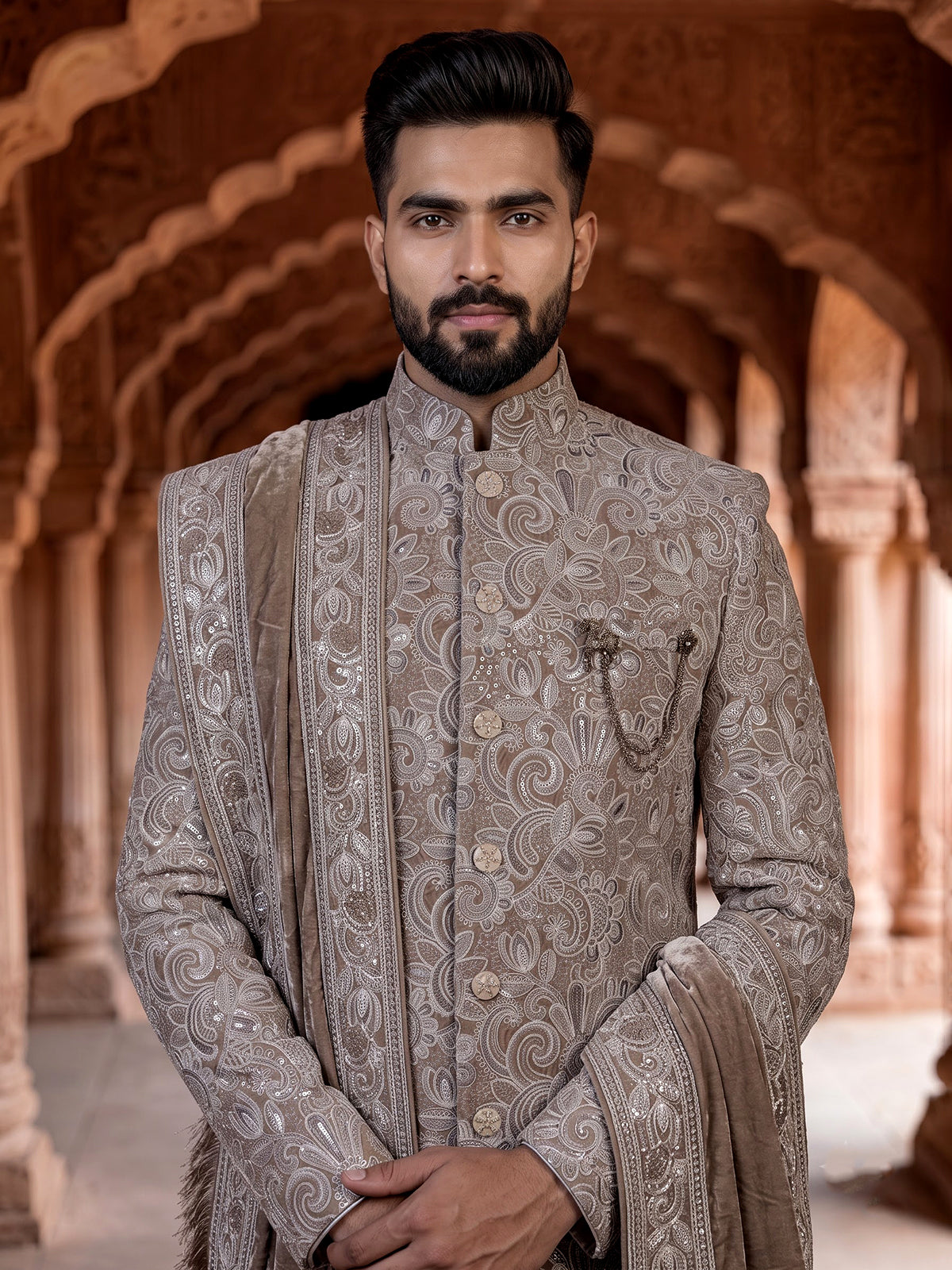 Khakhi brown heritage mens velvet indo western