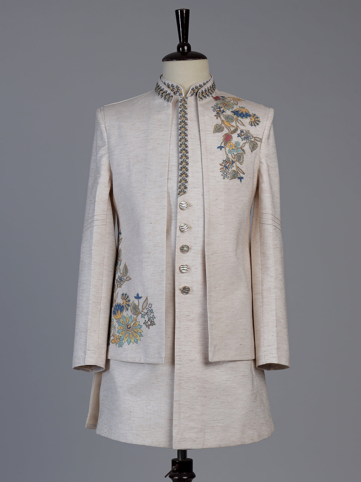 Cream artistic mens matka silk indo western