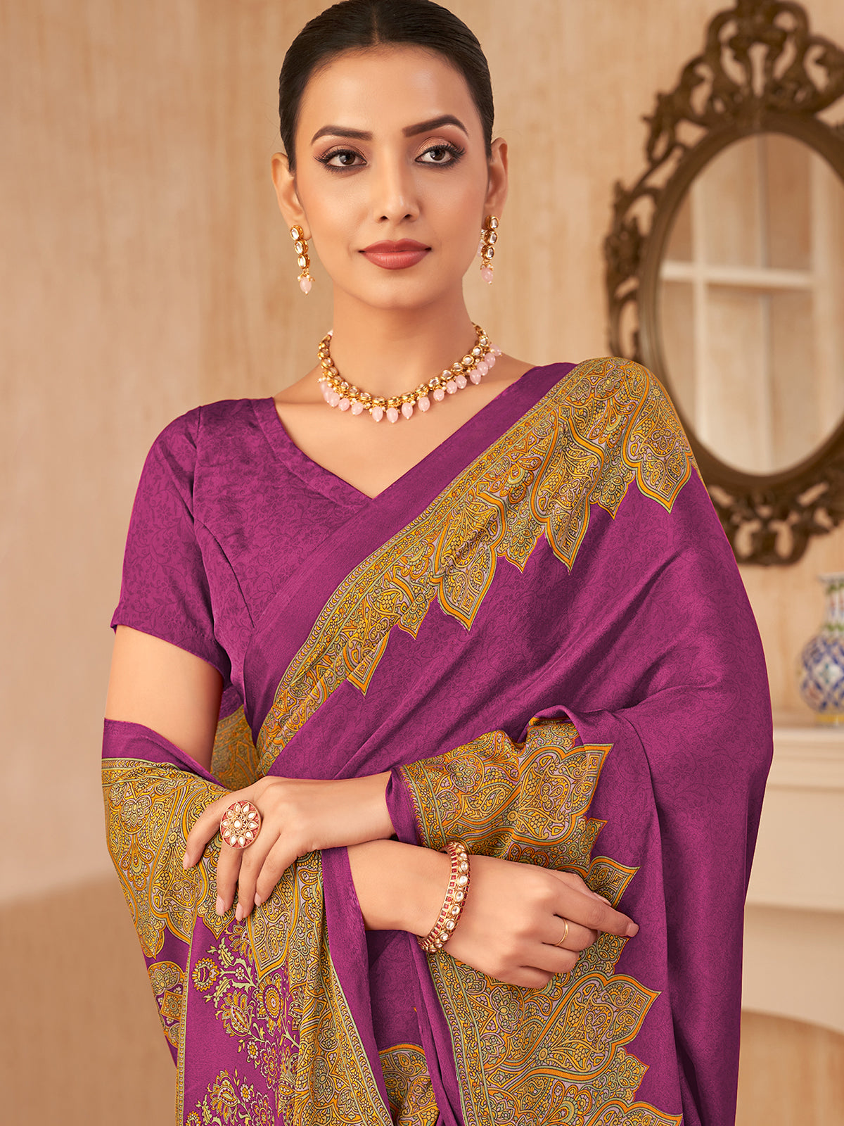 Purple printed crepe silk graceful casual wear saree