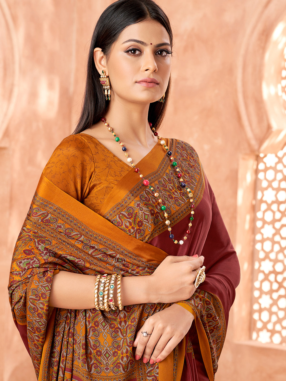 Brown printed contrast border and pallu crepe silk saree