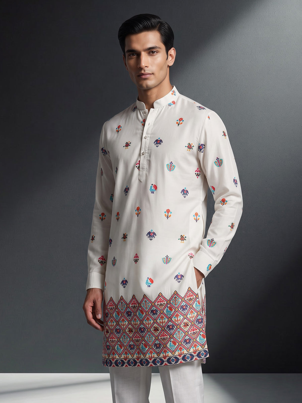 White cotton silk elephant motif festive chinese collar kurta for men