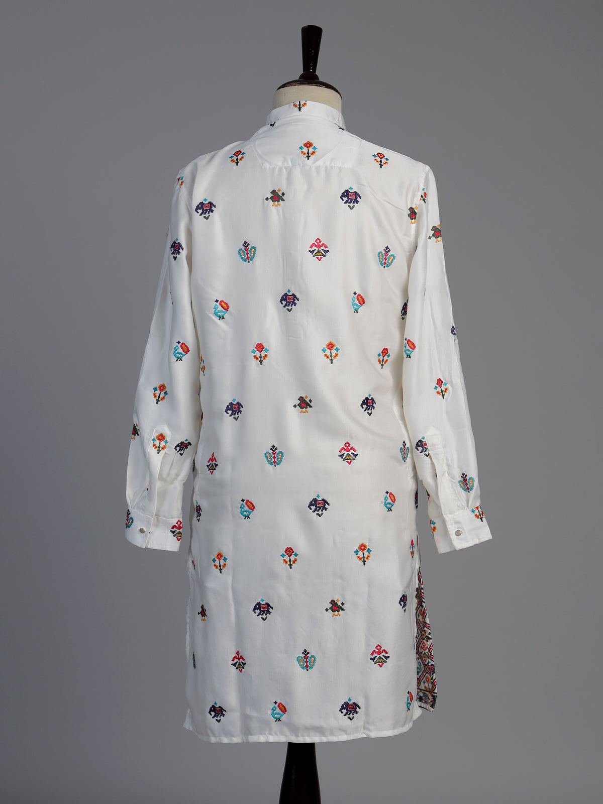 White cotton silk elephant motif festive chinese collar kurta for men