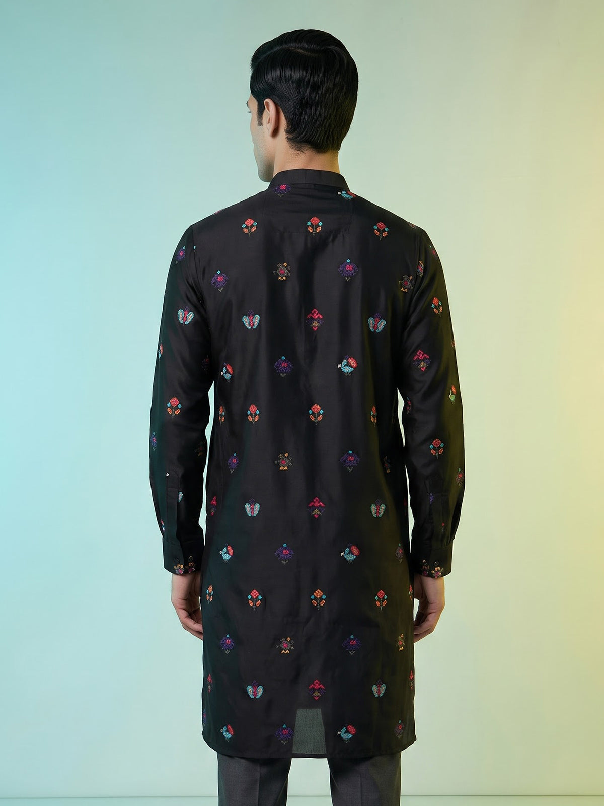Black cotton silk elephant motif festive chinese collar kurta for men