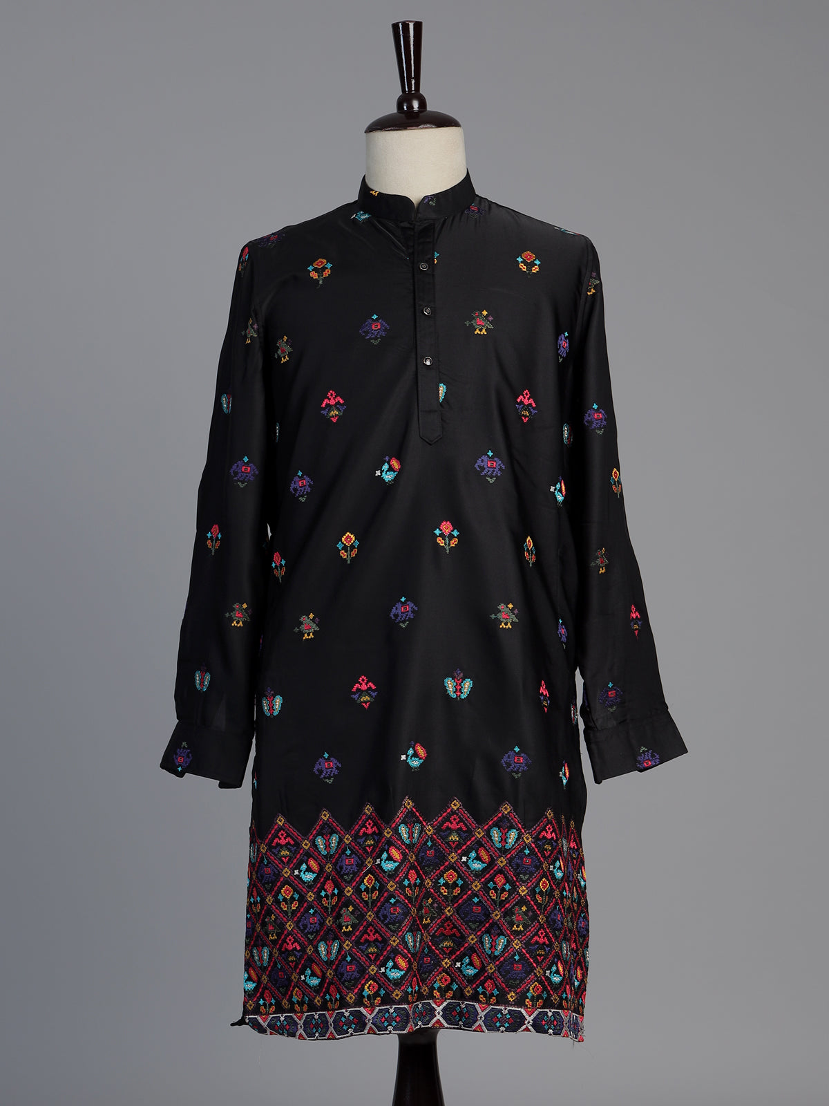 Black cotton silk elephant motif festive chinese collar kurta for men