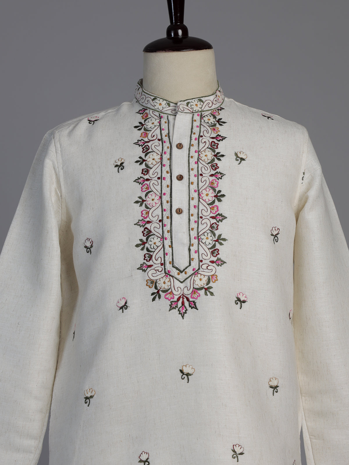 Off white linen embroidered butti festive wear kurta for men