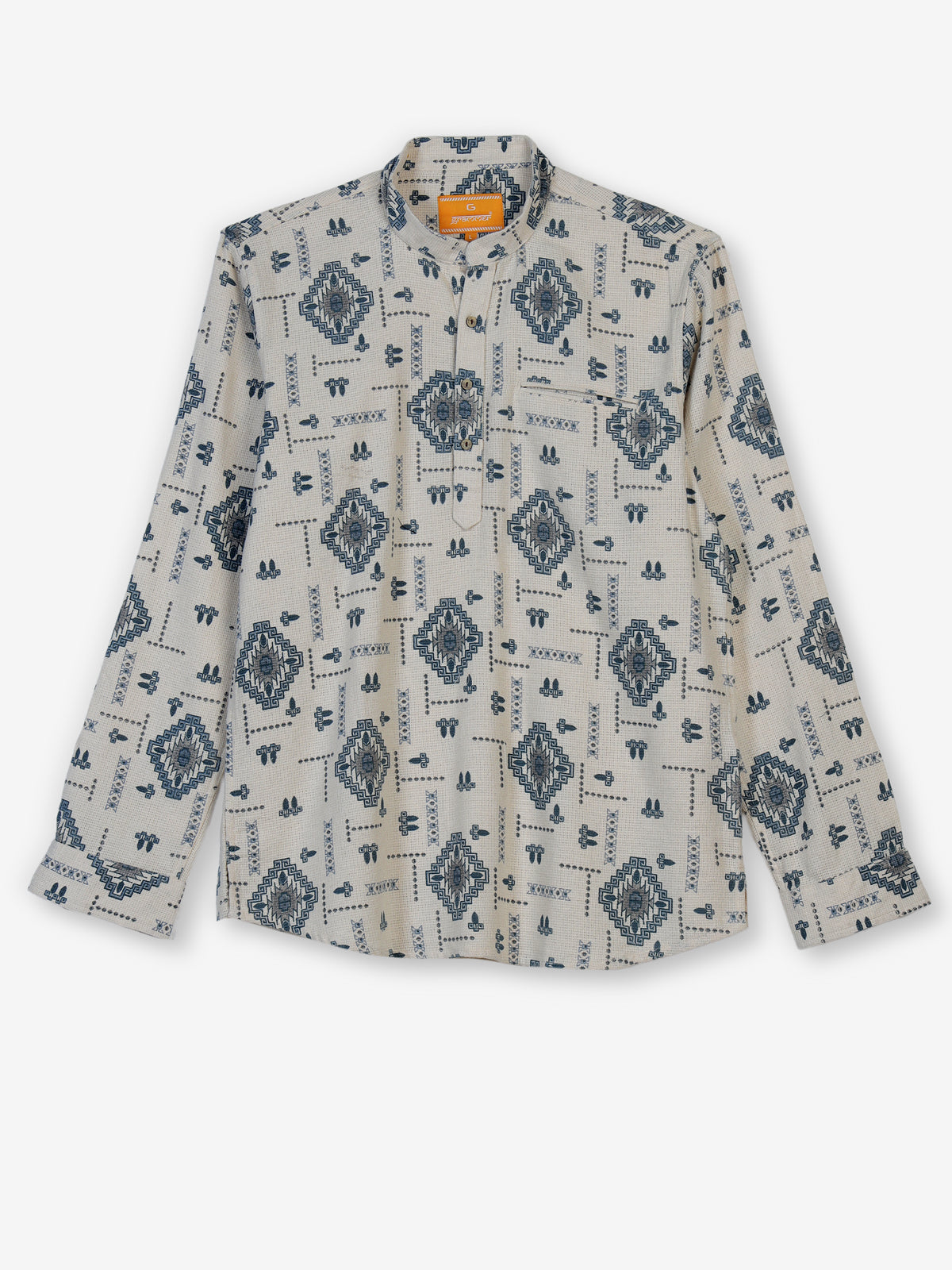 Beige and blue printed cotton linen shirt style festive kurta for men