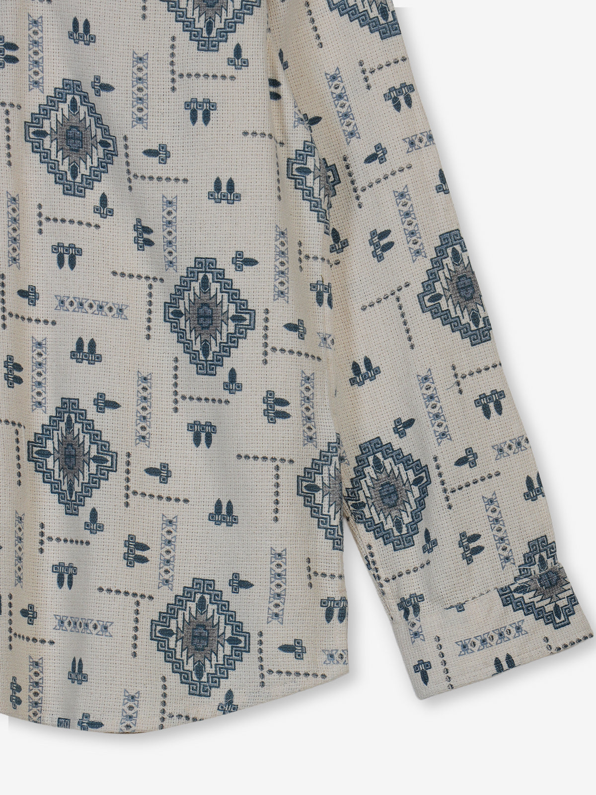 Beige and blue printed cotton linen shirt style festive kurta for men