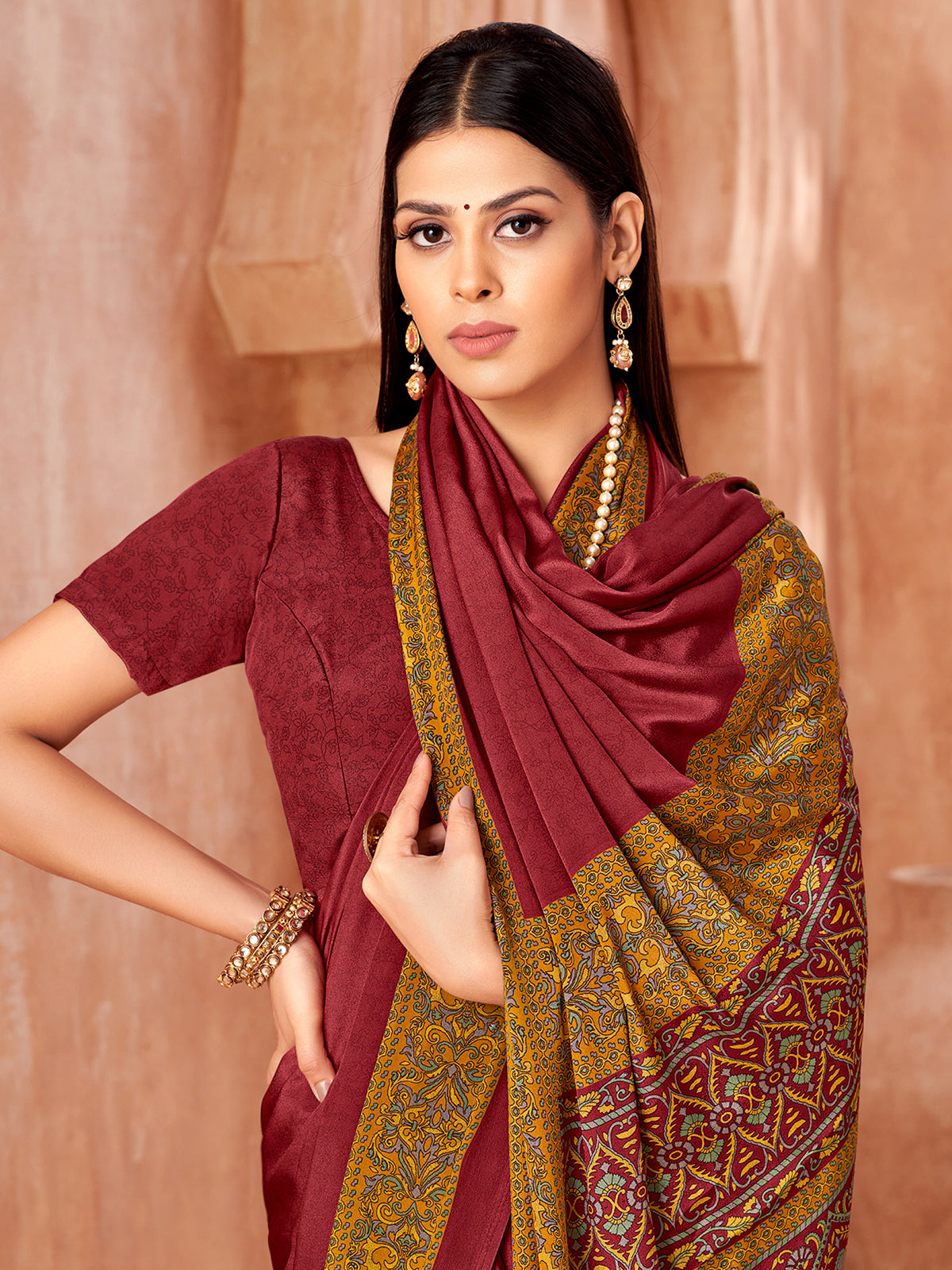 Maroon printed contrast border and pallu crepe silk saree