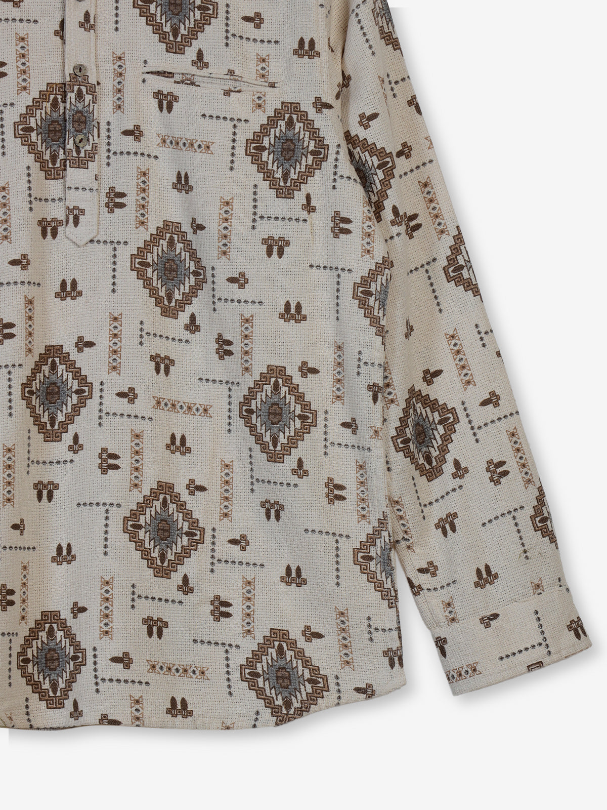 Beige and brown printed cotton linen shirt style festive kurta for men