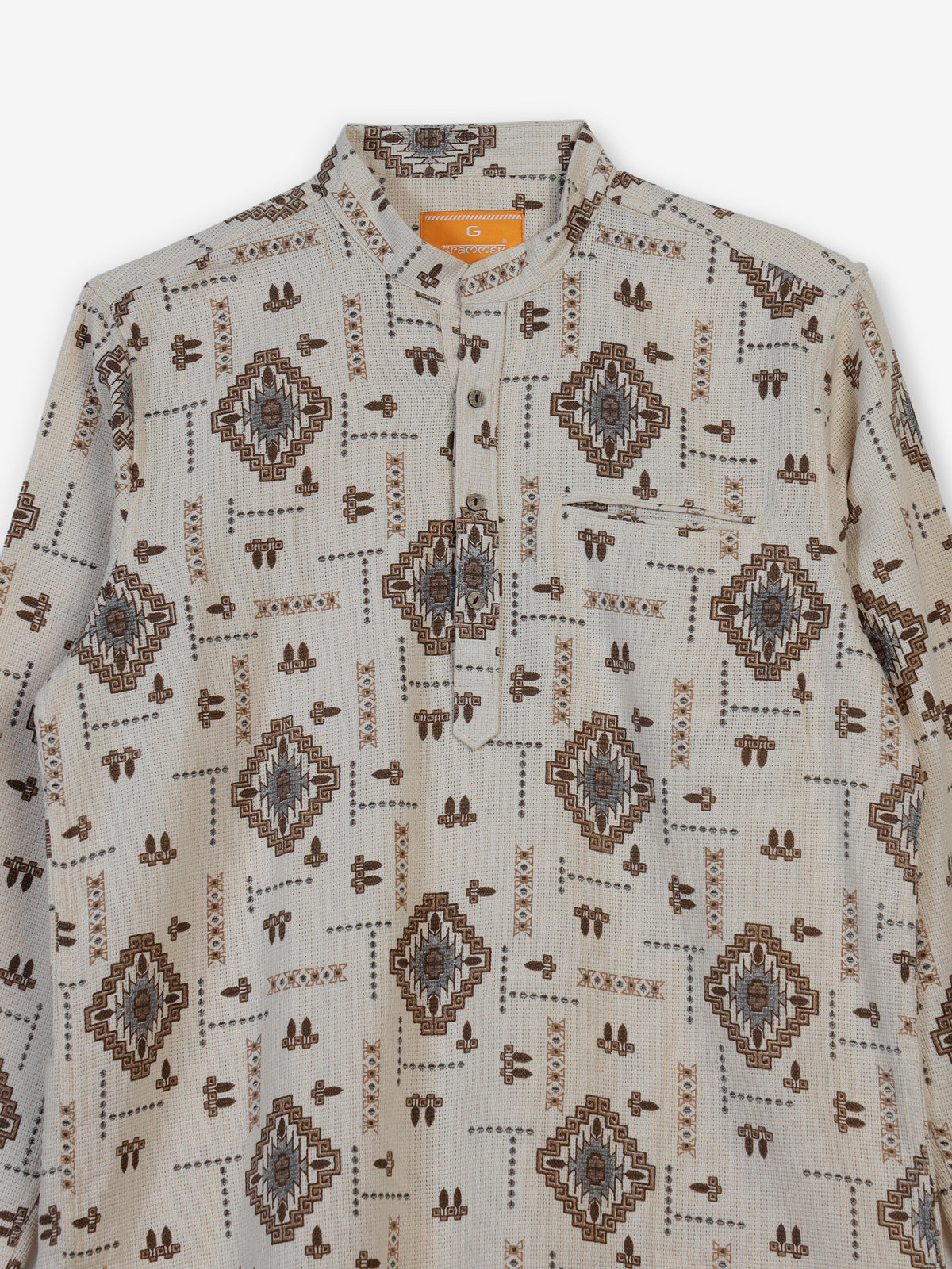 Beige and brown printed cotton linen shirt style festive kurta for men