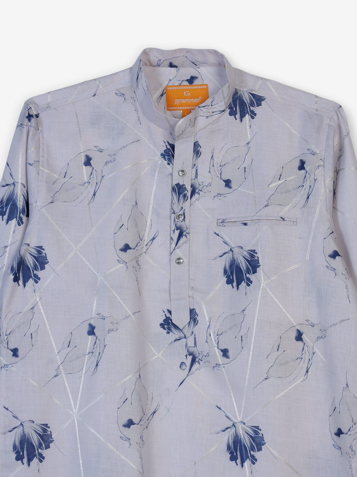 White cotton blue floral printed linen festive shirt style kurta for men