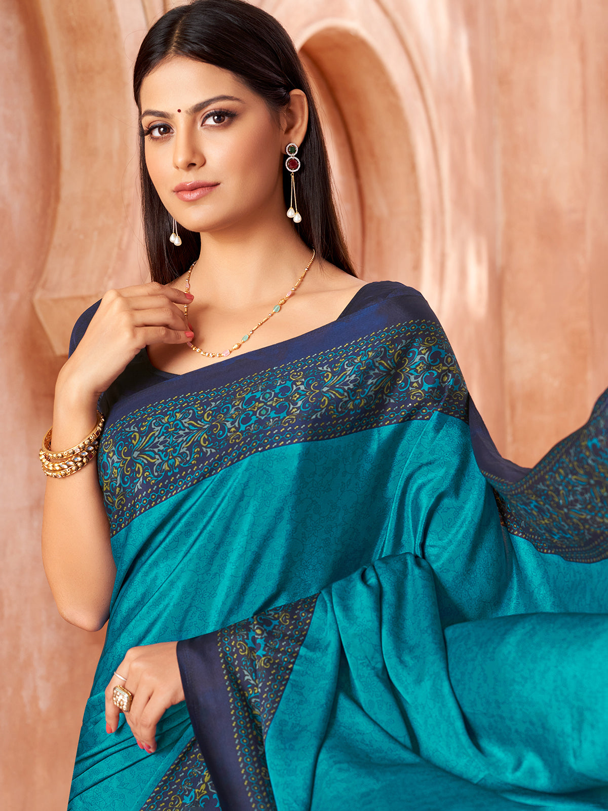 Blue printed contrast border and pallu crepe silk saree