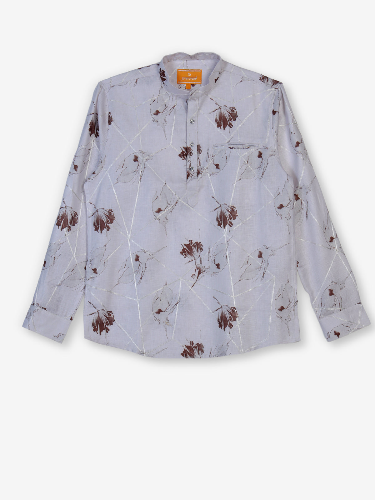 White cotton linen brown floral printed festive shirt style kurta for men