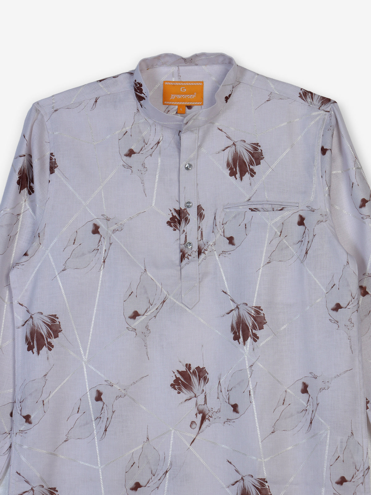 White cotton linen brown floral printed festive shirt style kurta for men