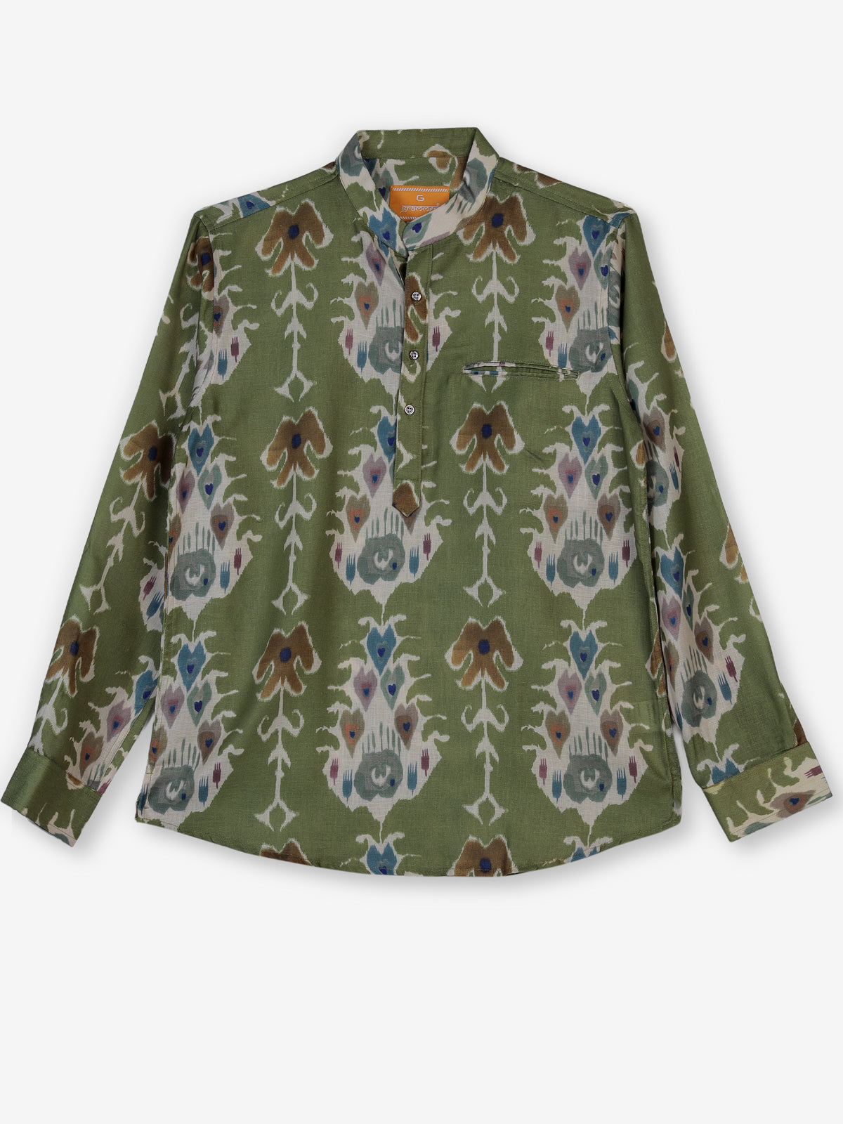 Pista green printed cotton silk festive shirt style kurta for men