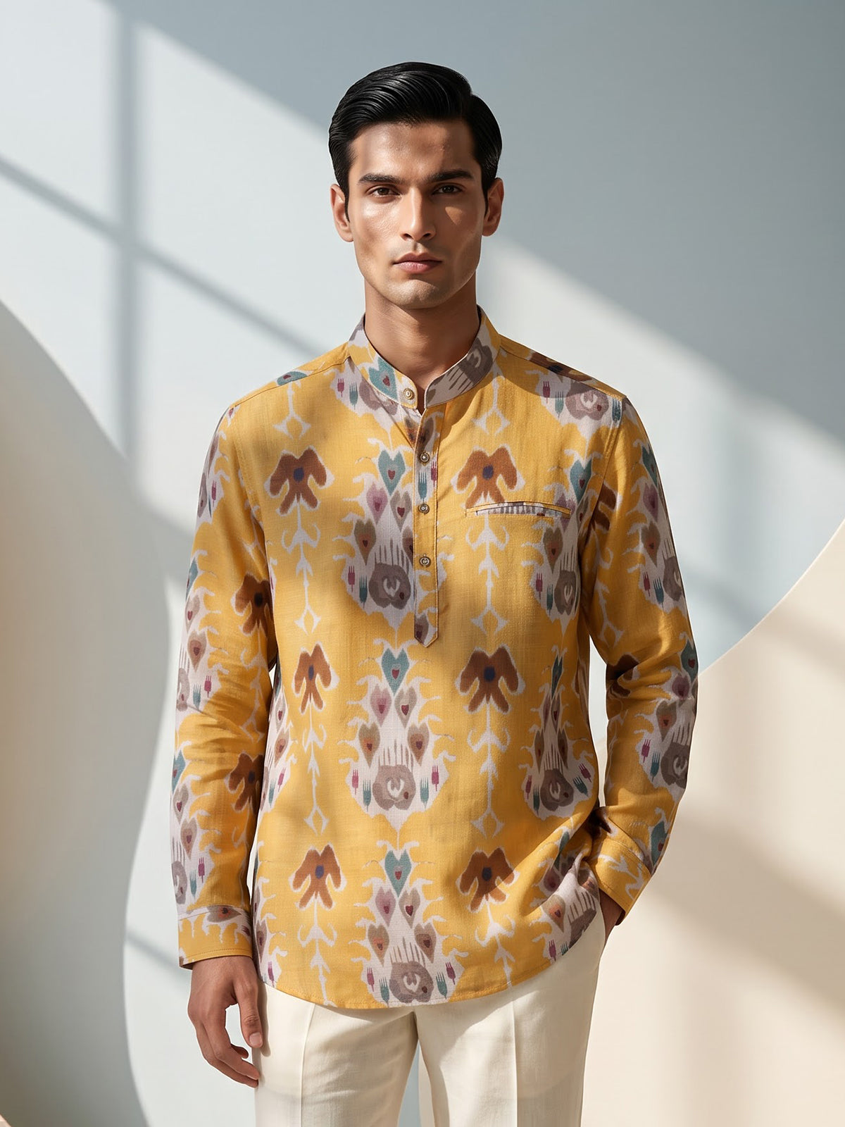 Orange printed cotton silk festive shirt style kurta for men