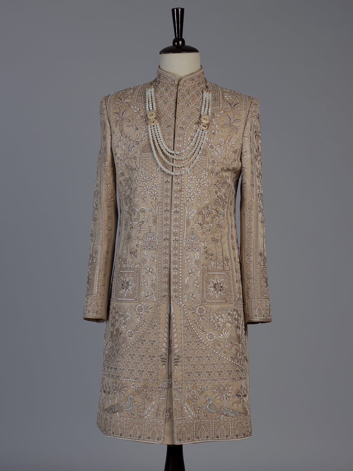 Beige royal embroidered mens wedding sherwani