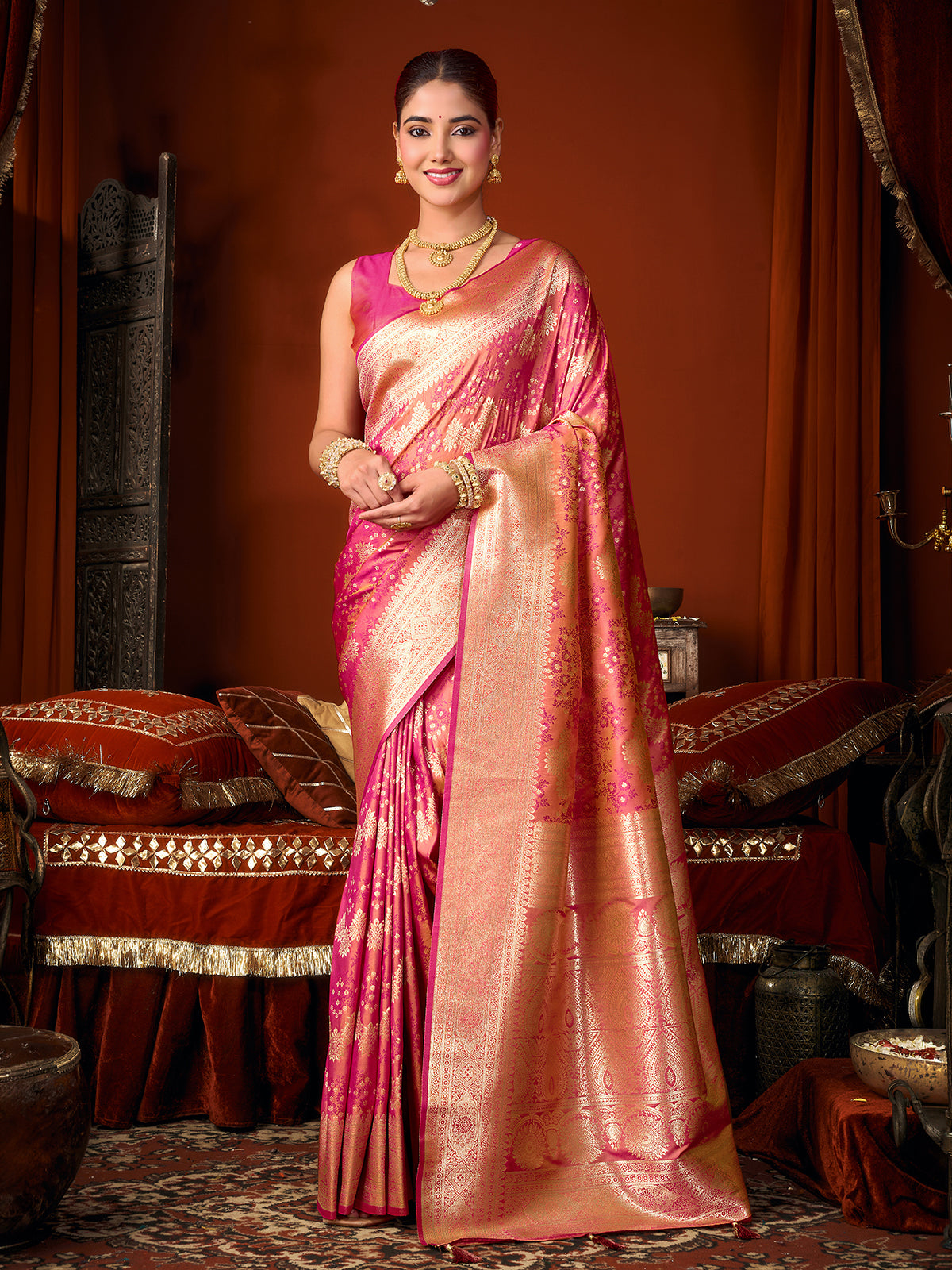 Pink majestic zari silk saree
