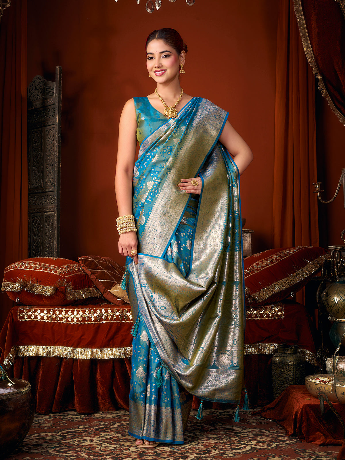 Sky blue heritage woven silk saree
