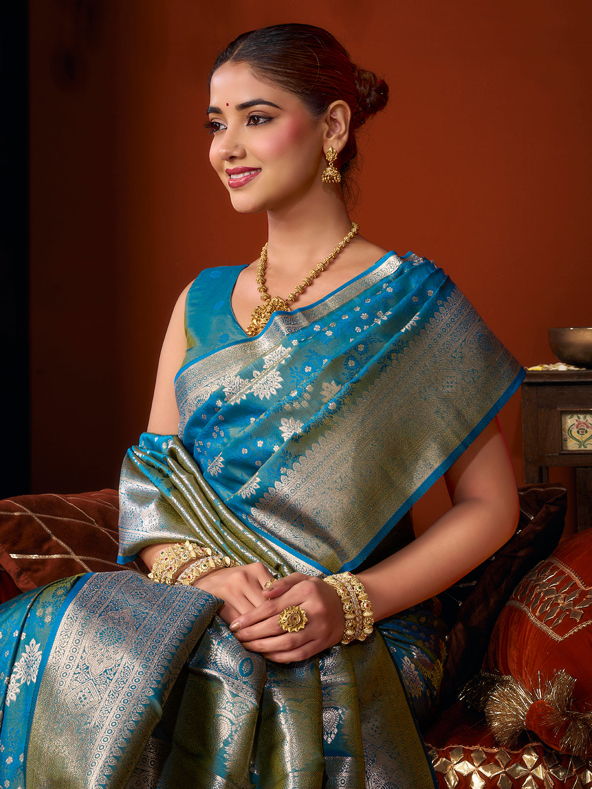 Sky blue heritage woven silk saree