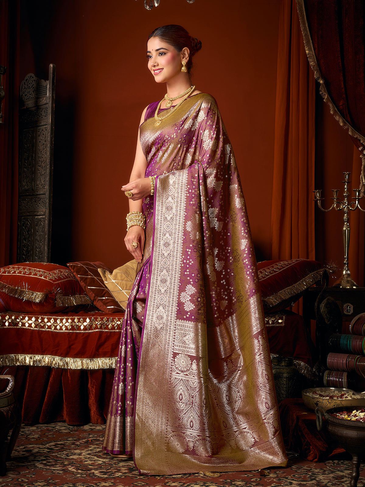 Deep purple royal banarasi soft silk saree